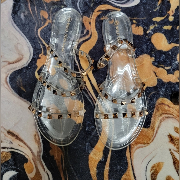 Wild Diva Shoes - Wild Diva Clear Jelly Slide Sandals with Gold Studs